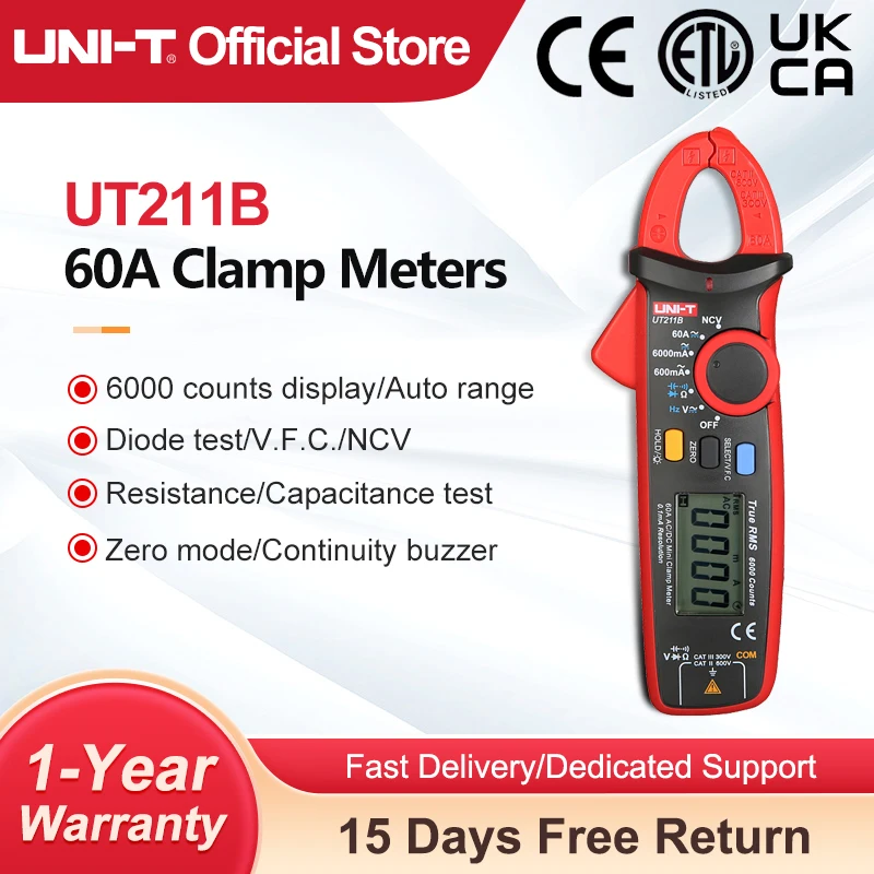 Multímetro de abrazadera Digital UNI-T UT211B, AC DC 60A, prueba de corriente NCV, la mejor precisión, 20mA, modo Cero, tapa de diodo Ohm