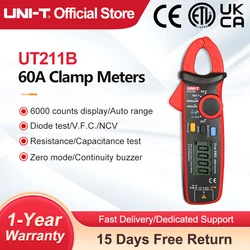 UNI-T UT211B Digital Clamp Multimeter AC DC 60A Current NCV Test Best Accuracy 20mA Zero Mode Cap Diode Ohm
