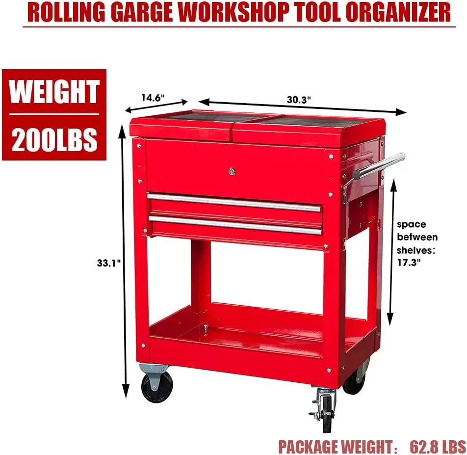 HPDMC Steel Tool Service Utility Push Cart with Lockable Drawers & Sliding Top 2-Drawer Garage Rolling Storage Tool Chest