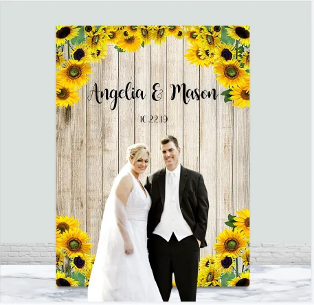 

Custom Wedding Party Photography Backdrops Sunflowers Rustic Wood Texture Photo Background Vinyl Photo Backdrop