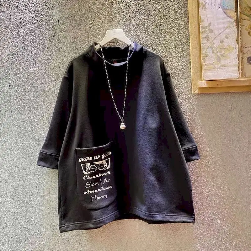 100% Cotton Pullovers Women Stand Collar Medium Sleeve Pullover Korean Letter Pocket T-shirt Casual Loose Top Autumn New in 2024