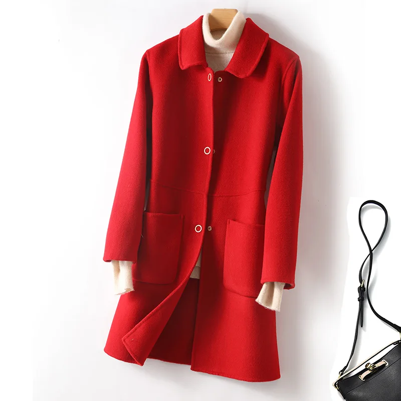 2025 New Style Women's Double-Faced Wool Coat With Doll Collar Mid-Long Pure Handmade 100% Pure Wool Coat Outerwear Warm Autumn