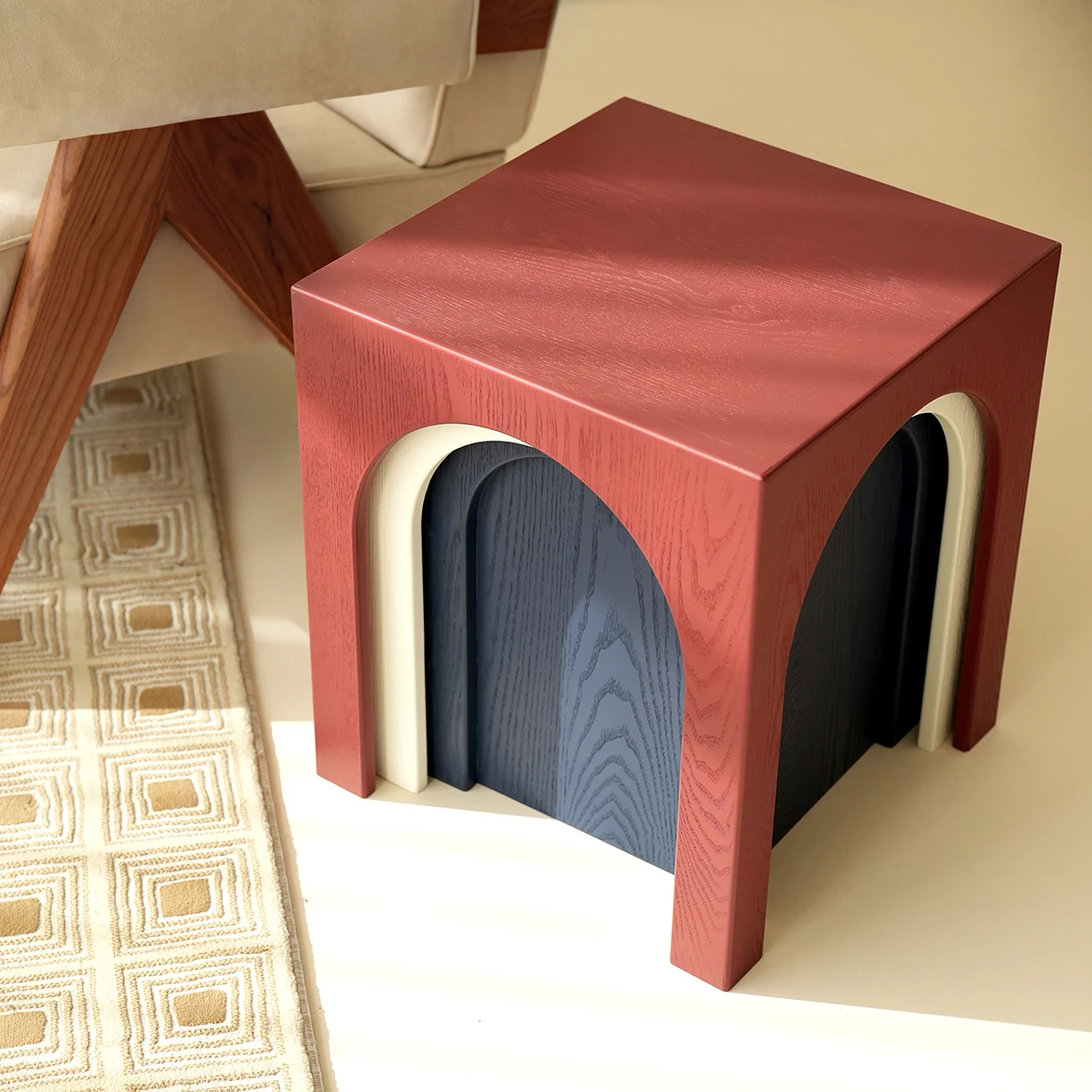 Medieval retro color solid wood stool dining table stool leisure stool small apartment household can be stacked small side table