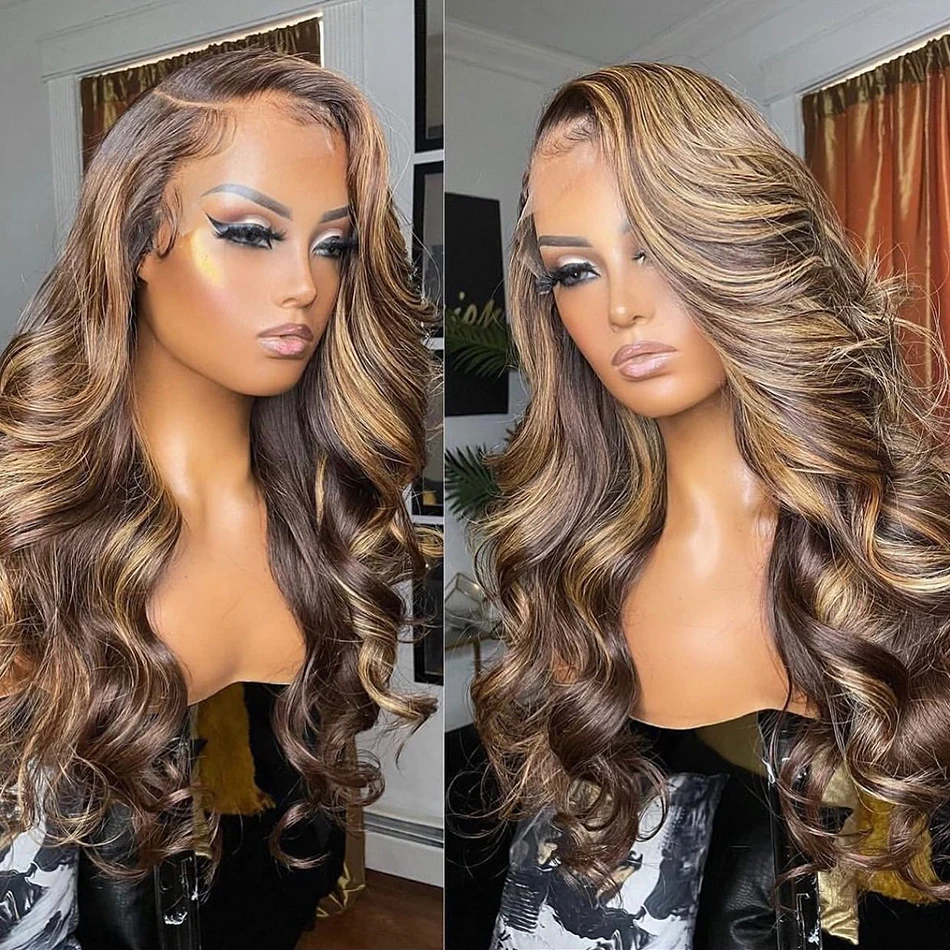 Wig Highlight rambut manusia gelombang tubuh 13X6 Hd renda Wig Frontal 13X4 Hd renda Wig 13X6 rambut manusia berwarna renda depan Wig rambut manusia