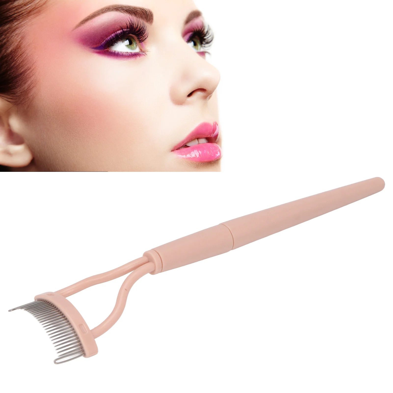 Eyelash Brush Separator Mini Stainless Steel Pink Folding Cosmetic Eyelash Comb Half Arc with Protective Cover for Outdoor