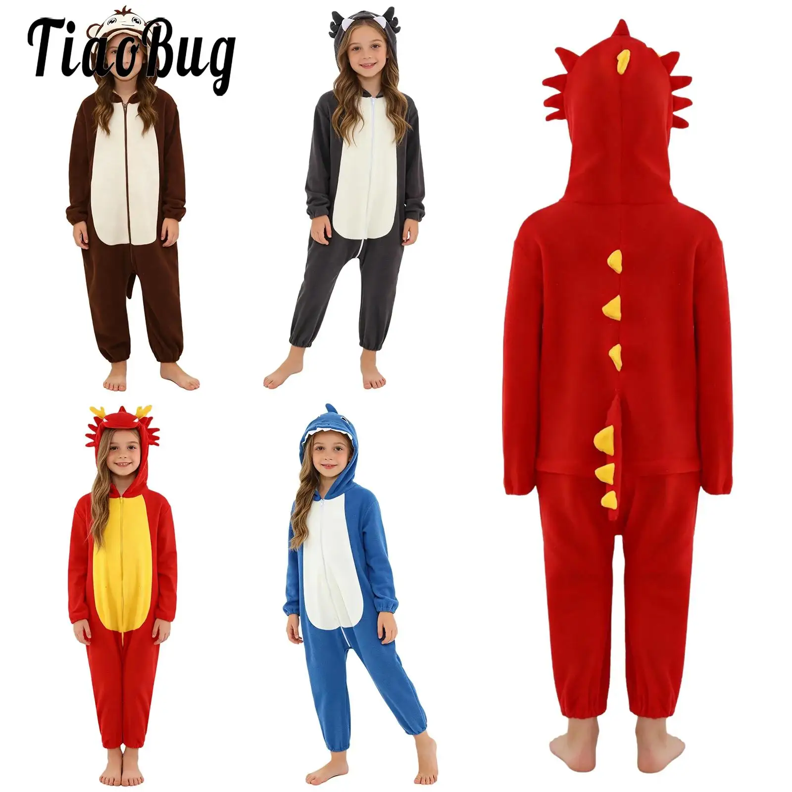 

4Y-12Y Kids Boys Girls Cute Sleepwear Rompers Long Sleeve Zip-Up Animal Hooded Jumpsuit for Sleeping Parties Cosplay Costumes