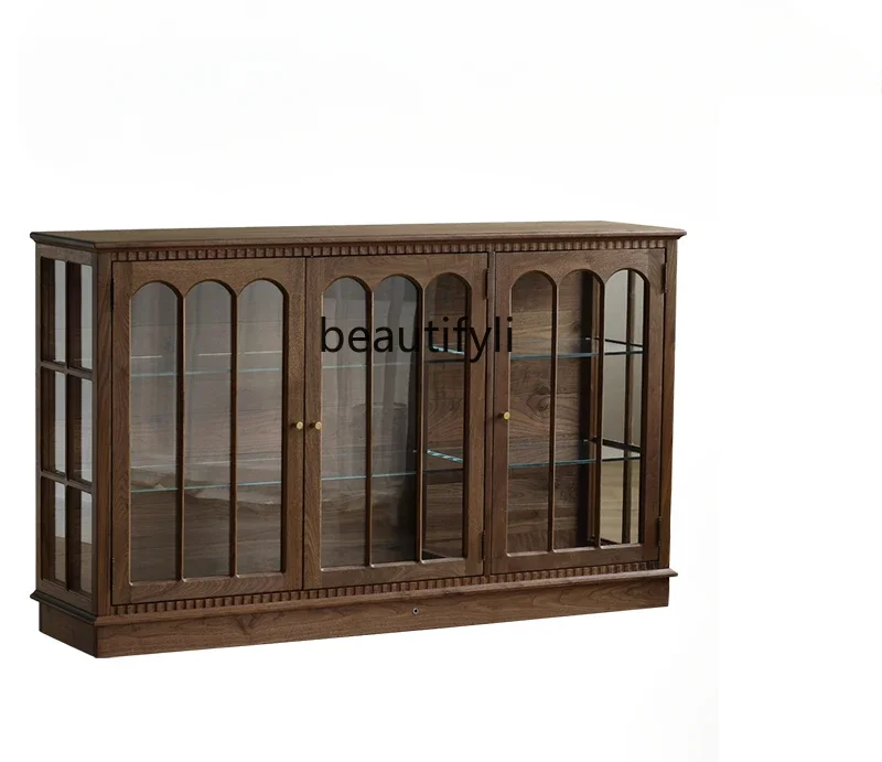 

French retro tea set porcelain display cabinet black walnut glass wine cabinet with lamp side cabinet