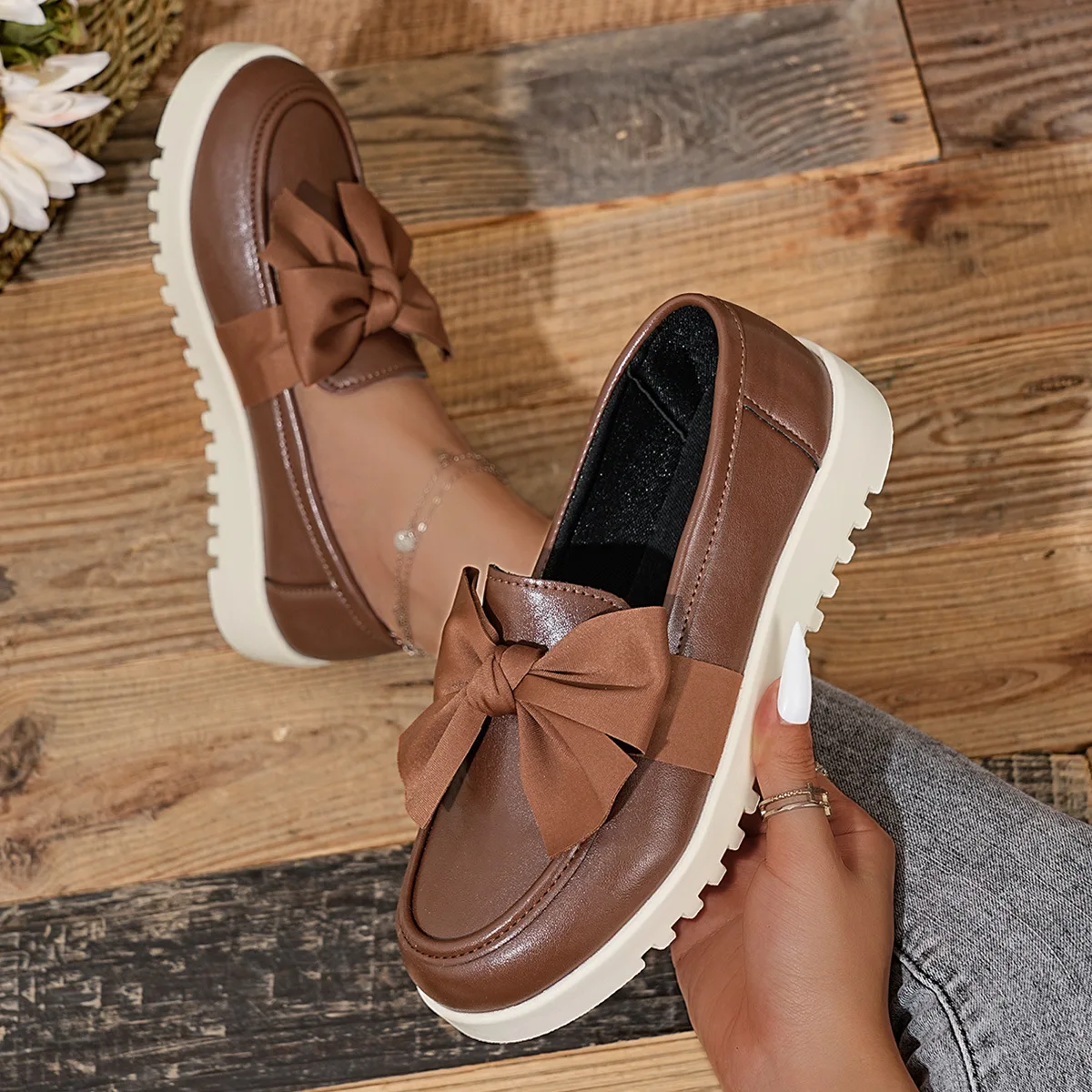 

Women's Large Size British-Style Leather Loafers Bow-Tied Chunk Heel Autumn New Style Small Footwear
