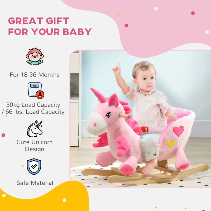 Pink Unicorn Plush Rocking Horse for Kids Soft Stuffed Ride On Toy with Wooden Base Children Toddler Animal Rocker Chair