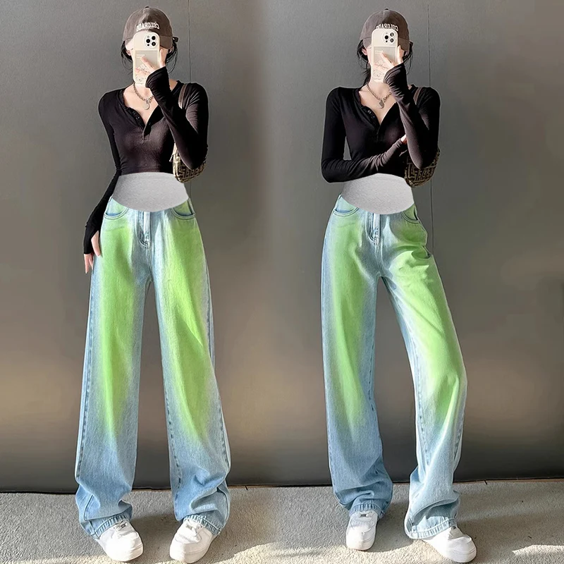 

Gradient Green Denim Maternity Long Jeans Loose Straight Belly Pants Clothes for Pregnant Women 24SS Y2K Spring Youth Pregnancy