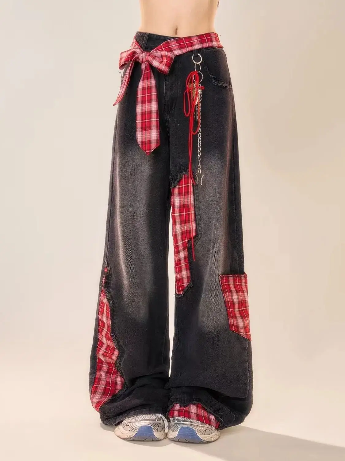 

Bow Tie Grid Splicing Jeans Women's Spring Design Sense Straight Tube High Waist Loose Wide Leg Pants