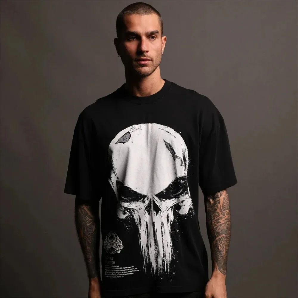 WOLVES SHE Jointly Skull Print Cotton Men Hip Hop T-shirt Casual Women 240G Cotton Short Sleeve Couple Unisex Tees Tops