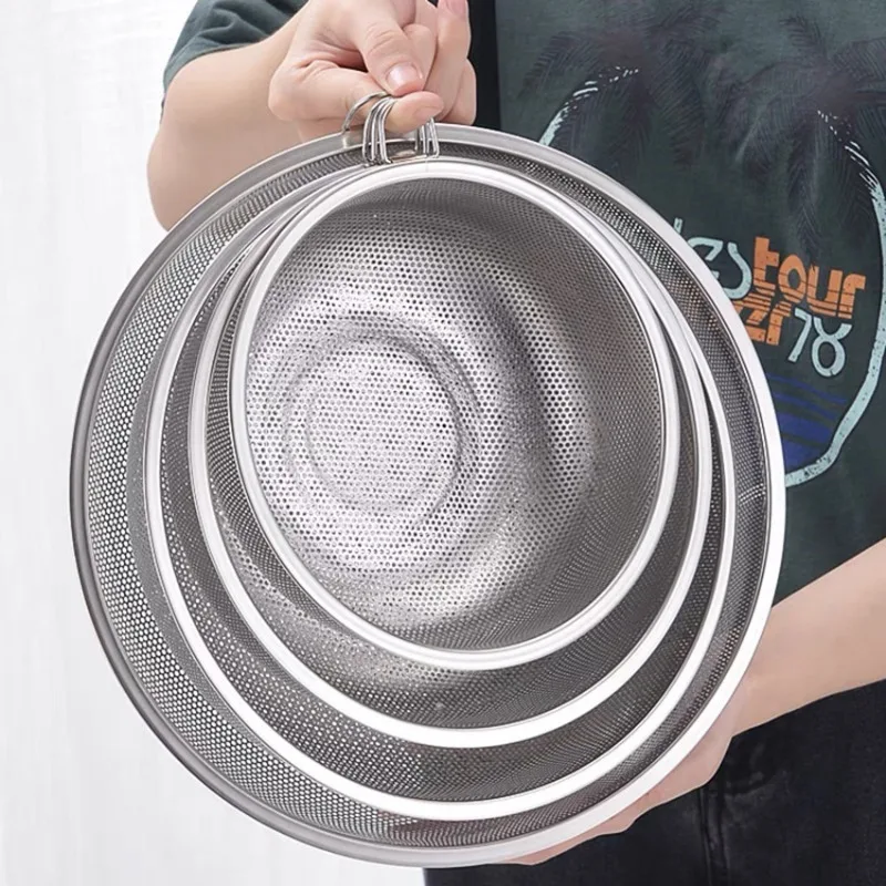 1pc Stainless Steel Thickened Drainage Basket with Dense Holes, Single Ring Vegetable Washing Rice Sieve Kitchen Storage Tools