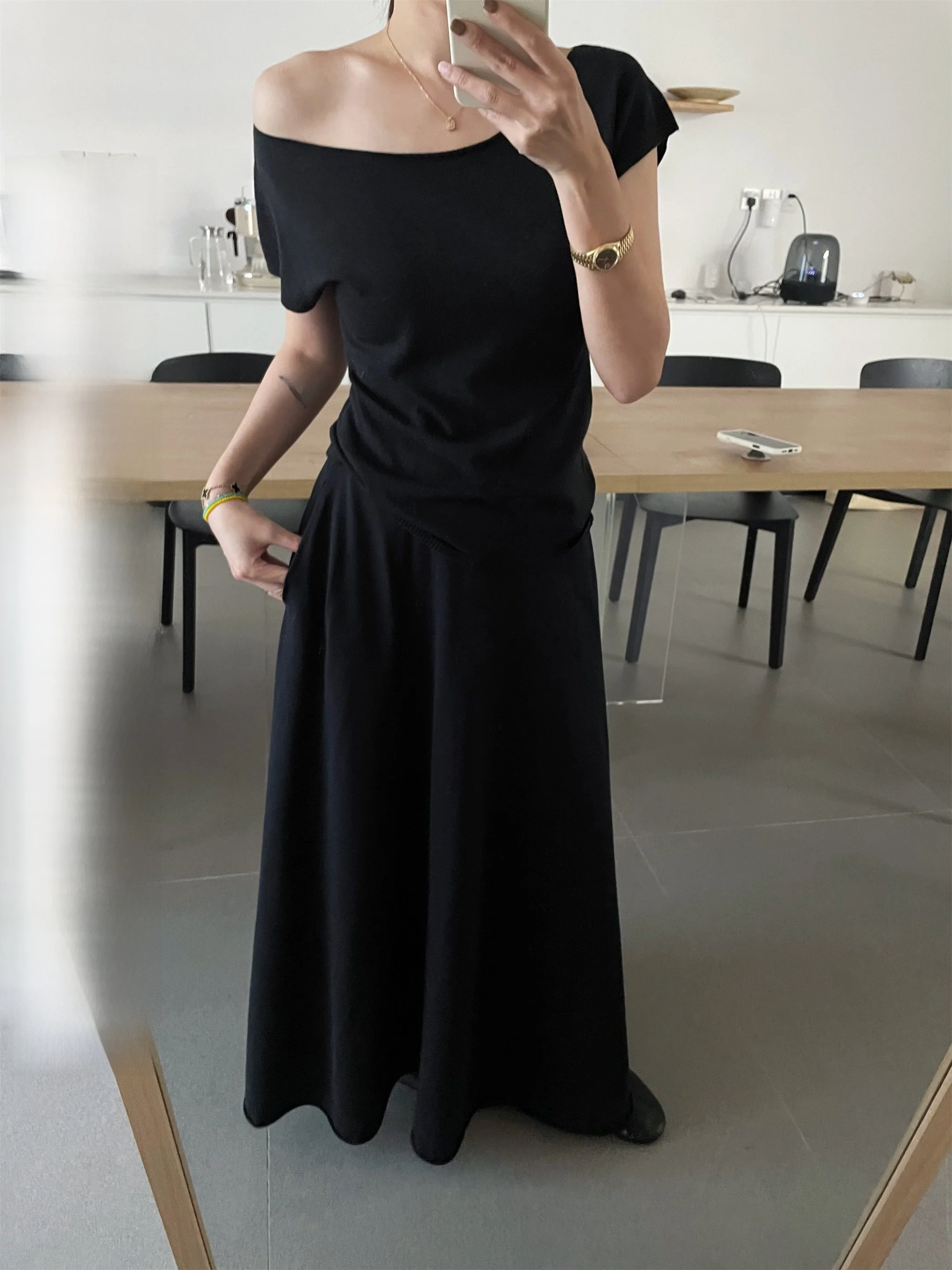 

Женская футболка Elielim Lazy Ternoon: Новинка, вязаный топ из шелка и льна на одно плечо, свободный крой, короткий рукав, эффект похудения