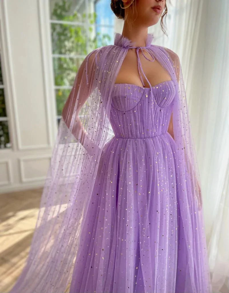 Elegant Lilac Two Pieces Evening Dress Shiny Tulle Party Gown With Cloak Long Prom  Special Occasions  Robe Customize