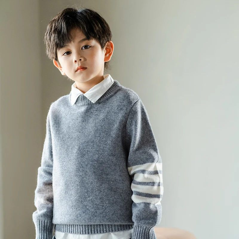 New 100% Merino Wool Sweater Autumn Winter Thick Kids Crew Neck Color‑Block Line Pattern Base Layer Simple Basic Knit Top