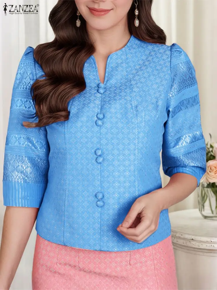 

ZANZEA Autumn Elegant Blouse Fashion Women Puff Sleeve Printing Shirts 2025 Ladies V-Neck Vintage Casual Loose Blusas Femininas
