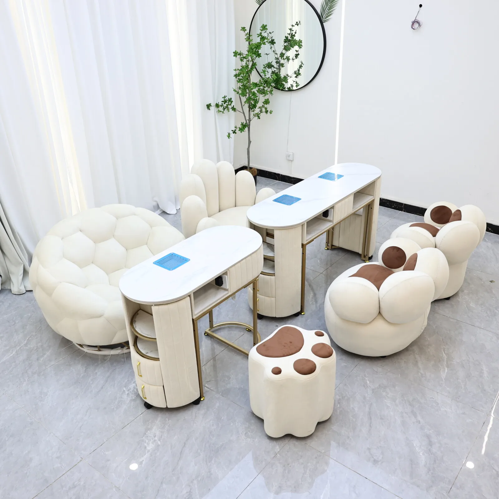 Professional Manicure Table Nail Station, Luxury Modern Salon Nail Bar Desk with Sintered Stone Top and Stainless Steel Chairs