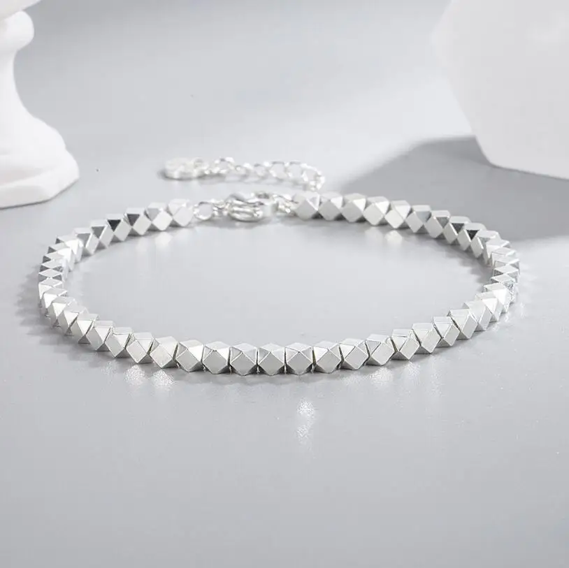 Real Original 925 Sterling Silver Square Beads Bracelet for Women Wedding Party Birthday Anniversary Fine Gift DA2773