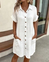 Minivestido Vintage liso para mujer, moda de verano con cuello en V, manga tres cuartos, vestido de lino y algodón, Vestidos informales para vacaciones