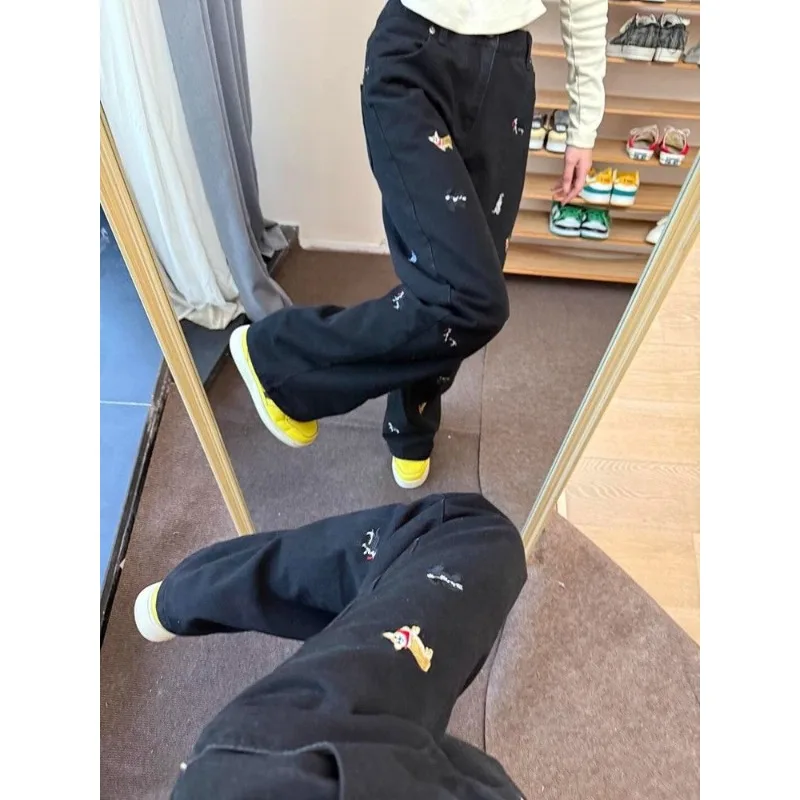 여성용 아메리칸 레트로 만화 워시 자수 청바지 여름 루즈 스트레이트 바지 다목적 긴 바지 캐주얼