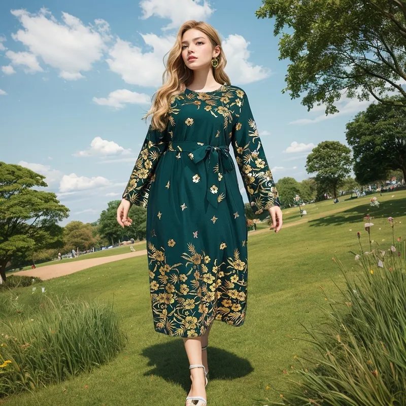 

New long-sleeved printed and fattened large-size dress Cross-border long dress Fashion simple and elegant temperament High-end v