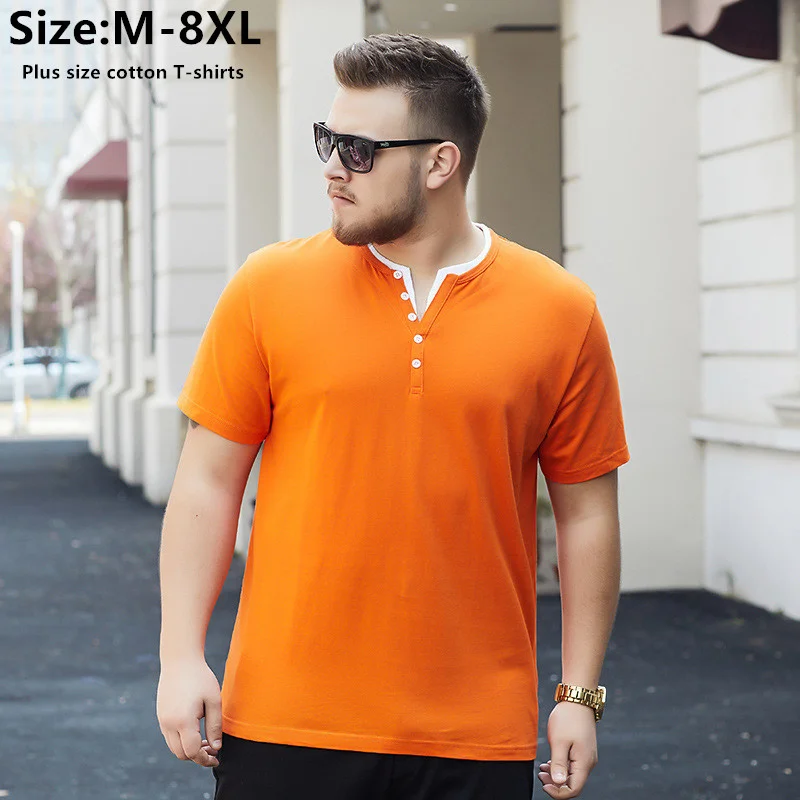 

95% Cotton V-Neck T Shirt Men 140KG Casual Male Pullover Summer Short Sleeve 8XL 7XL 6XL Tops Plus Size Orange Purple TShirts