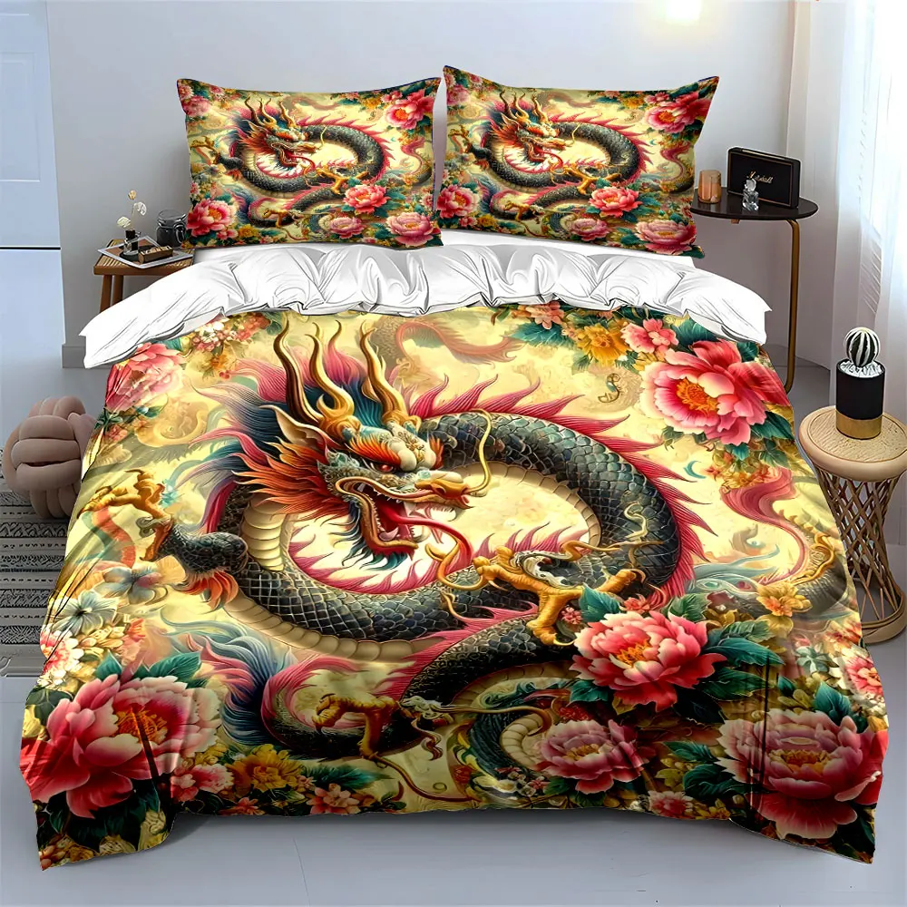 Dragon Floral Artwork Set Multiple sizes kid's and adults' bedroom Exquisite 3PC bedding set, gift