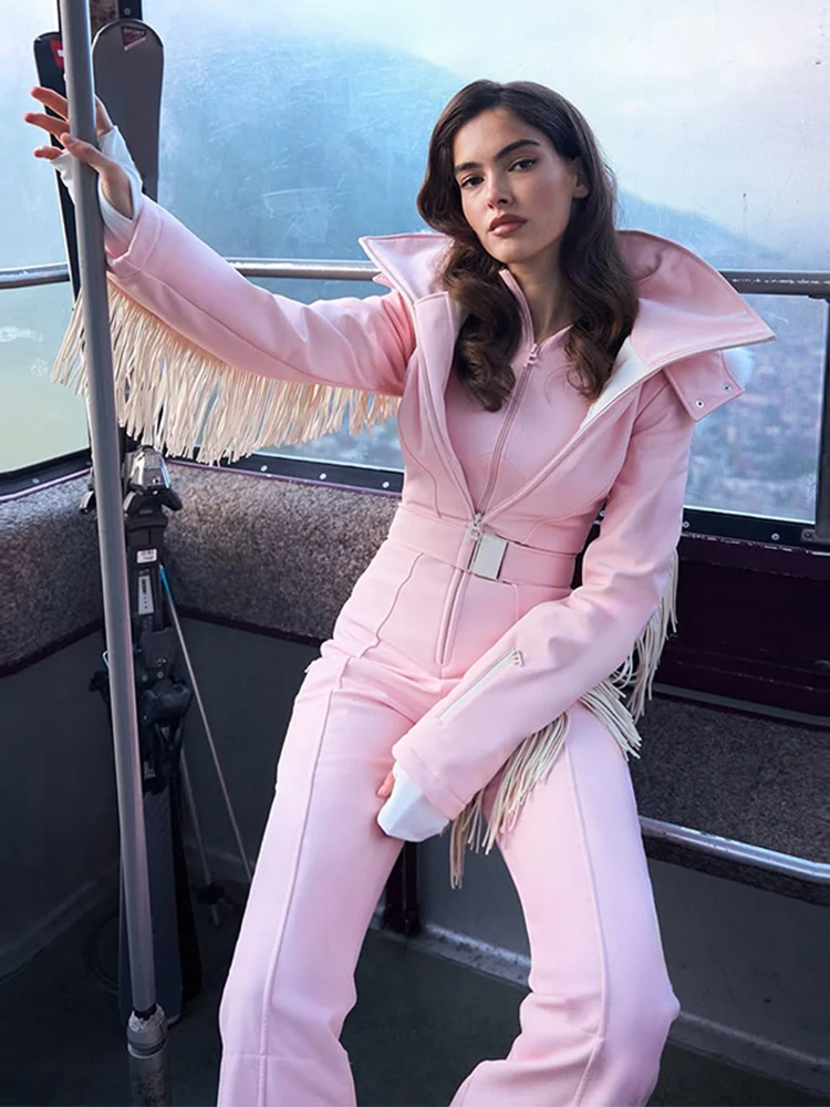 Damen 2025, trendige Ski-Overalls mit Kapuze und Quasten, wasserdicht, warm, Wintersport-Oberbekleidung, modische, elegante Damen-Schneeausrüstung – Detail 14