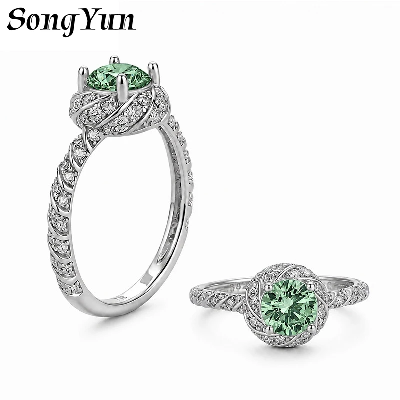 SONGYUN Moissanite Diamond Jewelry Womens S925 Sterling Silver Ring Colorful 4 Prong Twisted Band Full Paved Moissanite