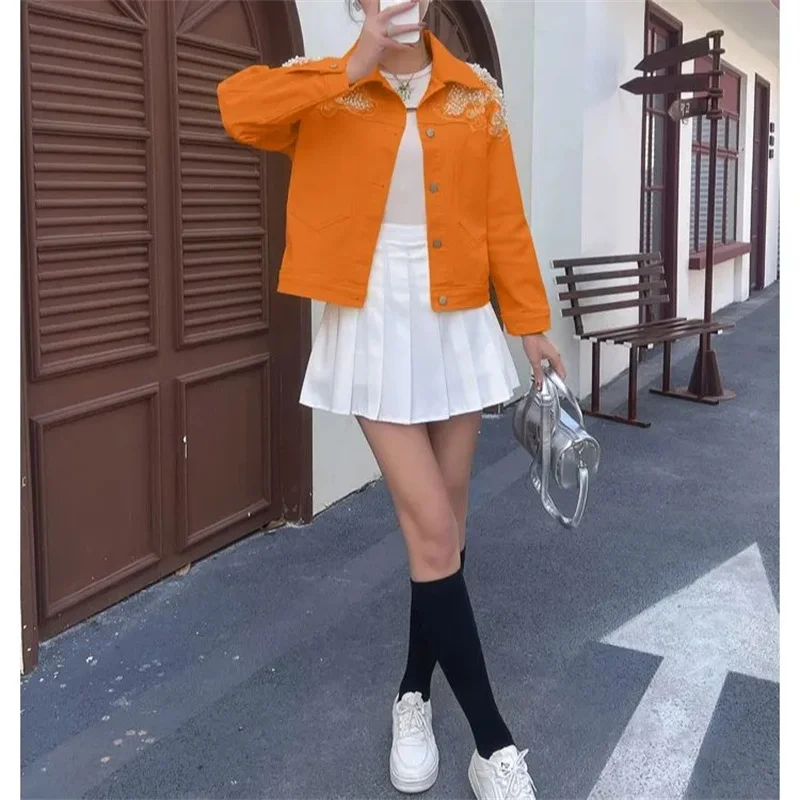 

2026 весна осень женское тяжелое промышленное ковбойское короткое пальто ярких цветов с бусинами для ногтей, новый свободный дизайн, модная куртка, топ