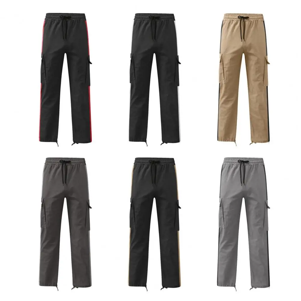 

Men Cargo Pants With Multi Pockets Wide Leg Loose Solid Color Drawstring Elastic Waist Sweatpants Daily Sport Trousers Camping