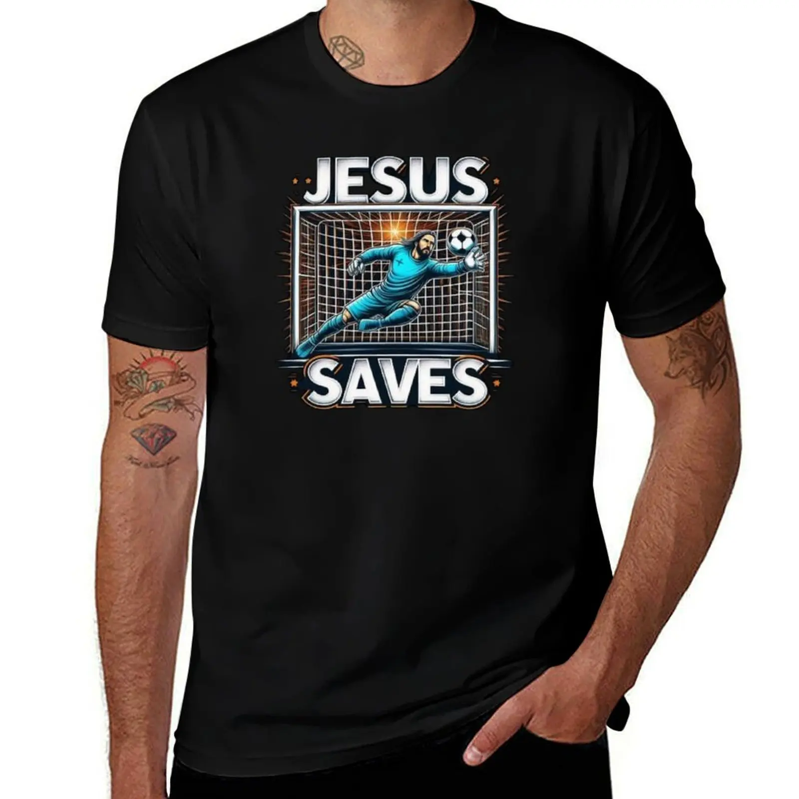 Jesus Saves Goalkeeper . FUNNY JESUS FOOTBALL T-Shirt All Weather Casual Short Sleeve