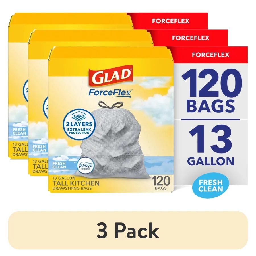 

3 pack ForceFlex Tall Kitchen Drawstring Trash Bags 13 Gallon Gain Fresh Clean with Febreze Freshness 120 Count Ideal for Large