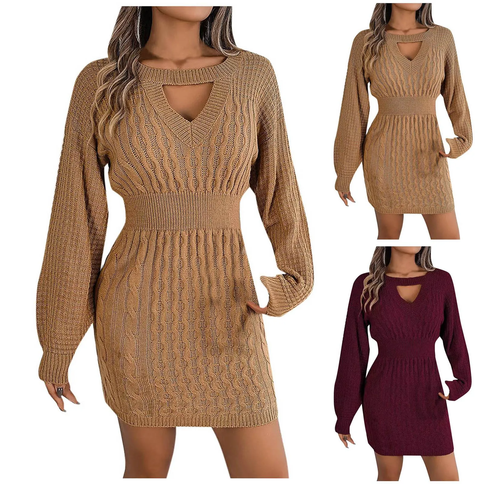 Women Autumn Winter New Style Solid Color Fried Dough Twists Sexy Cut Out Fashion Lantern Sleeve Round Neck Hip Wrap Dress