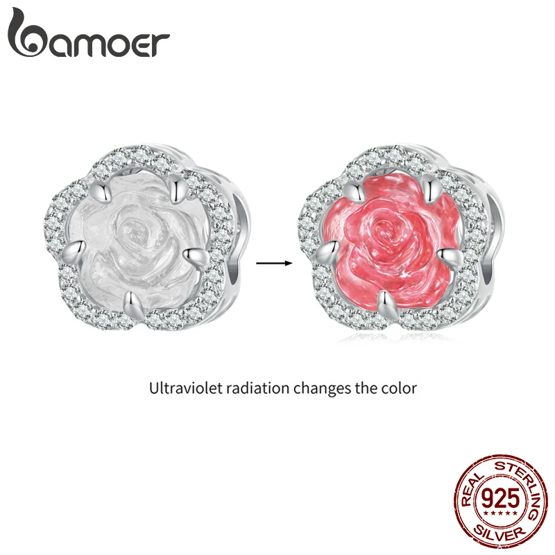 

Bamoer 925 Sterling Silver Crystal Rose Charm Ultraviolet Color Change Flower Bead for Women Bracelet Necklace DIY Jewelry Gift