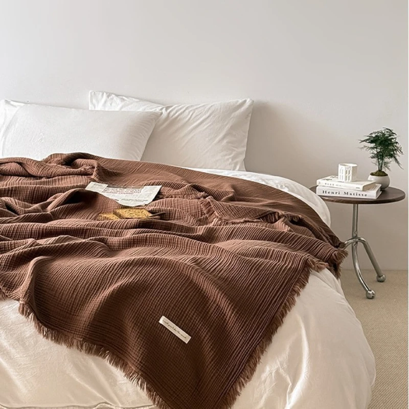 4-Layer 100% Cotton Gauze Blanket - Solid Color Sofa Throw with Tassel Trim, Multipurpose Lightweight Coverlet for Bed, Couch
