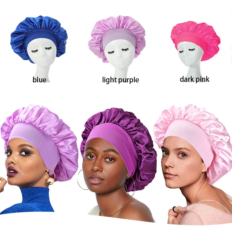 InjHair-Bonnets en Satin Noir pour Femme, Bonnet de Sommeil en Satin pour Cheveux Ronds Bouclés, Baby Showercap Rose