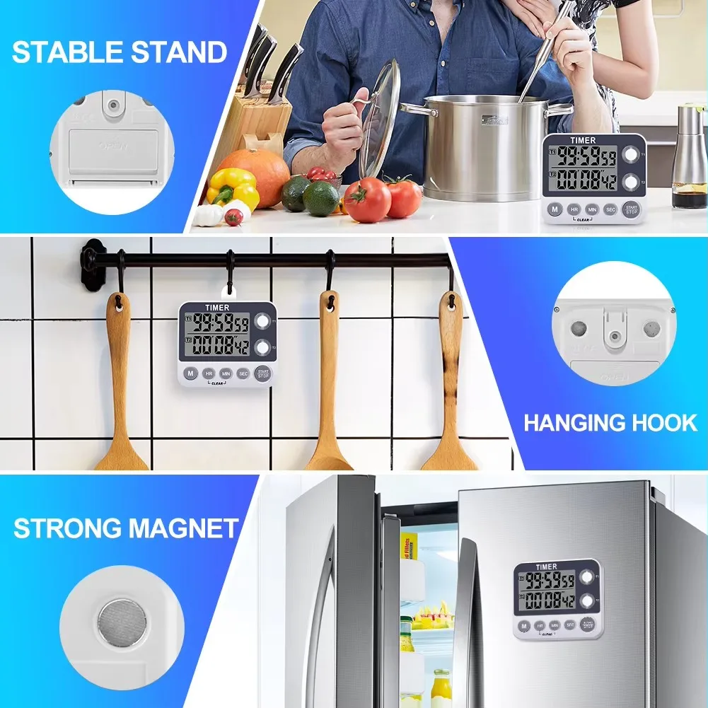 Digital Dual Kitchen Timer, Cooking Timer, Magnetic Timer, Adjustable Alarm Volume Count Up/Countdown Timer（Battery Included)