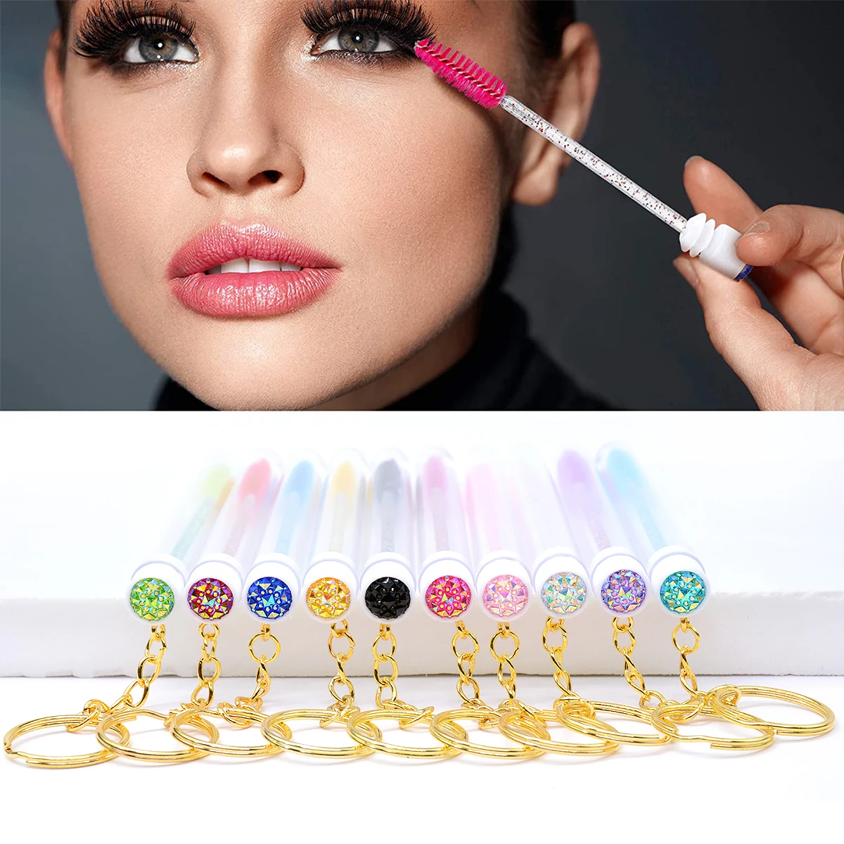 2Pcs Disposable Eyelash Mascara Wands in Tube With Key Chain Reusable Eye Lash Spoolies Brushes in Dust-proof Case