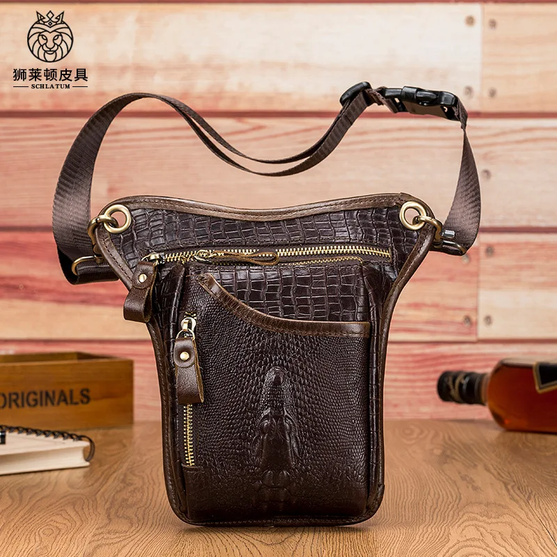 Cowhide men's motorcycle leg bag, retro crocodile pattern real leather motorcycle riding waist strap bag