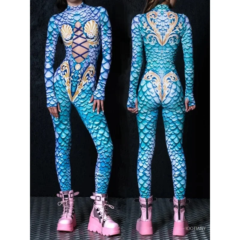 

New Mermaid Fish Scale Bodysuit Adult Halloween Party Role Play Blood Skeleton Costume Hollow Strap Leotard Bodysuit Zentai Set