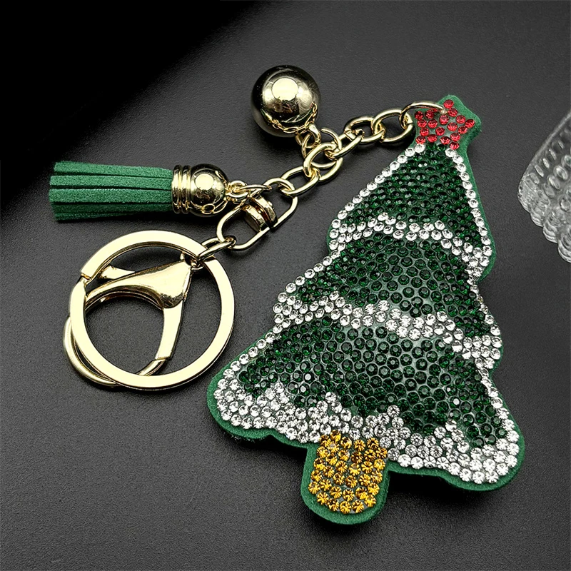 Green Christmas Tree Keyring For Women Men Full Blingbling Crystal Tassel Festival Cute Car Keychain Bag Pendant Jewelry Gifts