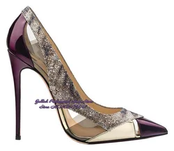 ALMUDENA Purple Burgundy Patent Leather 12cm Heel Transparent Clear PVC Patchwork Snakeskin Party Shoes Hollow Shallow Pumps