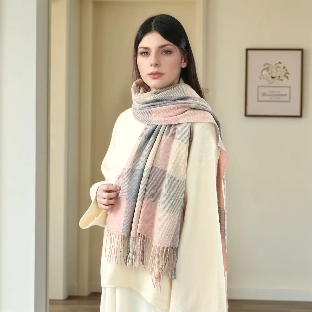 

Клетчатый зимний шарф, женские шарфы на шею, кашемировые длинные шали унисекс с кисточками, сохраняющие тепло, модные повседневные шарфы 180*70 см