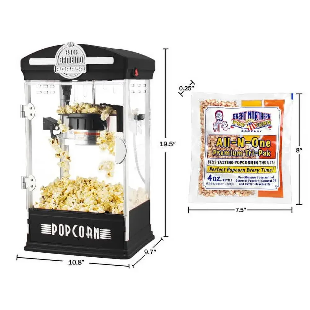 4 Oz Popcorn Machine Bundle Movie Theater Style Popcorn Maker with 12 Packets Scoop and Bags by Black Easy Single-Switch