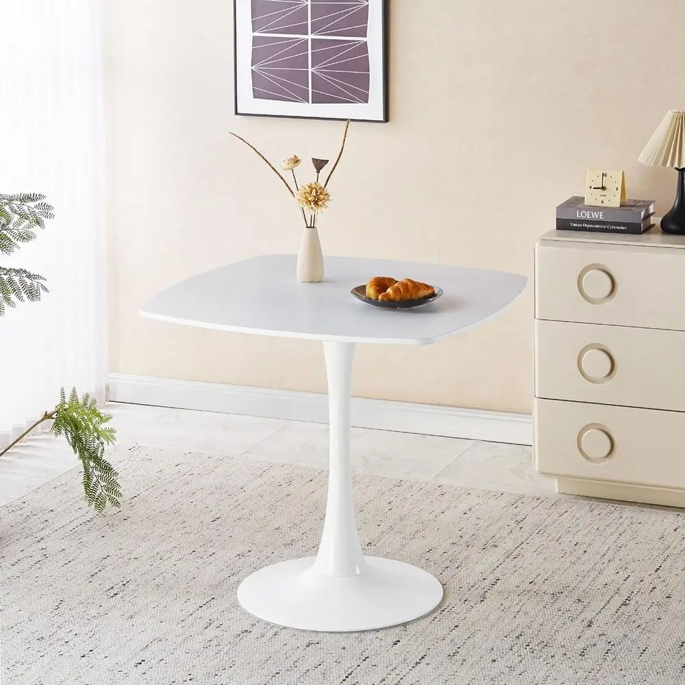 

Маленький обеденный стол на 2-3 человека - матовая белая столешница из МДФ, металлическое основание-подиум