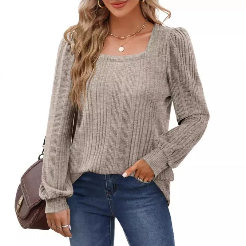 2024 Female Square Collar Long Sleeve T-Shirt Blouse Office Lady Spring Autumn New Fashion Elegant Solid T-Shirts For Women Tops