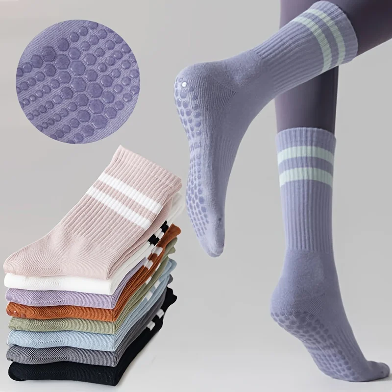 

6 Pairs Of Yoga Cotton Socks For Women, Medium Length Sleeves, Two Bars, Silicone Anti Slip Dance, Indoor Pilates Floor, Fitness