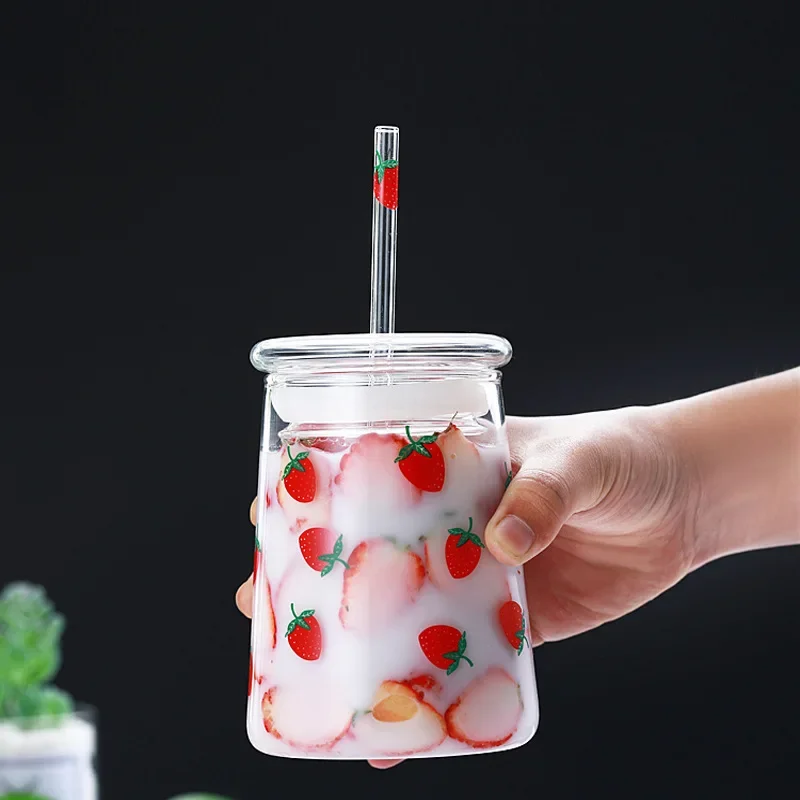 Large Capacity Strawberry Water Bottle with Straw Heat-Resistant Glass Tumbler with Lid Cute Drinkware for Cold Beverages